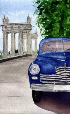 Suluboya retro araba. Otomobil, şehir ve ağaç ile el çizilmiş vintage illüstrasyon. Tasarım, tekstil ve arka plan için. 