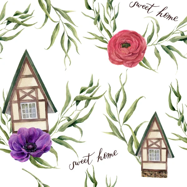 Sweet home watercolor seamless pattern. Watercolor house in Alpine style with eucalyptus leaves, anemone flowers and ranunculus isolated on white background. For design, textile and background. — Stock Photo, Image