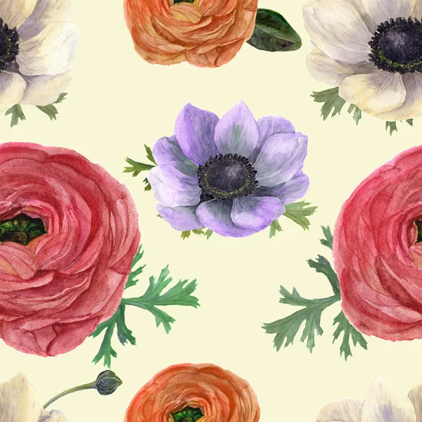 Akvarell varrat nélküli mintázat a Ranunculus és Anemones. Kézzel rajzolt virágos illusztráció Vintage háttérrel. Botanikai illusztráció. Formatervezés, textil és háttér. — Stock Fotó