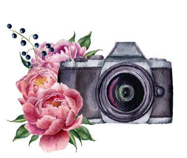 Suluboya fotoğraf etiketi Şakayık çiçekleri ile. El çekilmiş fotoğraf makinesi peonies, çilek ve beyaz arka plan üzerinde izole yaprakları ile. Tasarım, logo, parmak izi veya arka plan için