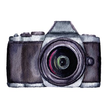 Suluboya fotoğraf etiketi. Beyaz arka planda izole edilmiş elle çizilmiş fotoğraf kamerası. Tasarım, logo, baskı veya arka plan için
