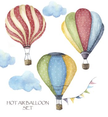 Watercolor hot air balloon polka dot set. Hand drawn vintage air balloons with flags garlands, clouds and retro design. Illustrations isolated on white background clipart