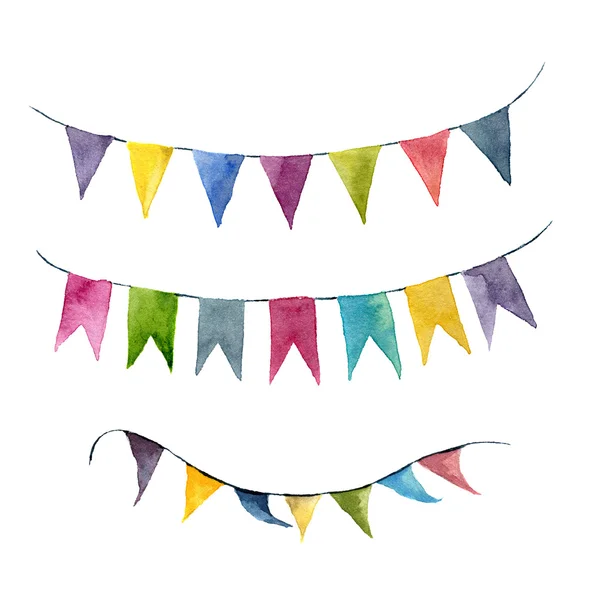 Watercolor bright color flags garlands set. Party, kids party or wedding decor elements isolated on white background. For design, prints or background — Stock Photo, Image