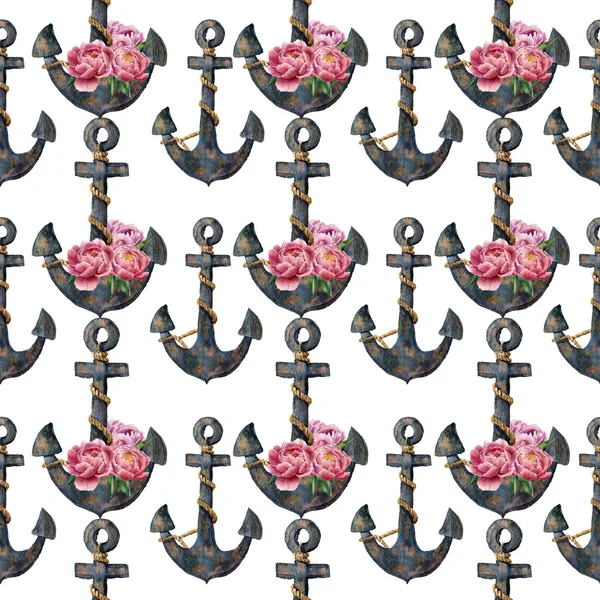 Watercolor seamless pattern with anchors and flowers. Isolated on white background. For design, textile and background. — Stock Photo, Image