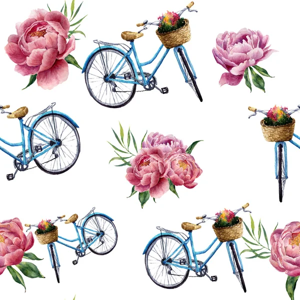 Suluboya çiçek ve bisiklet Dikişsiz desen beyaz arka plan üzerinde. Gösterim amacıyla tasarım, tekstil, baskı ve arka plan. — Stok fotoğraf