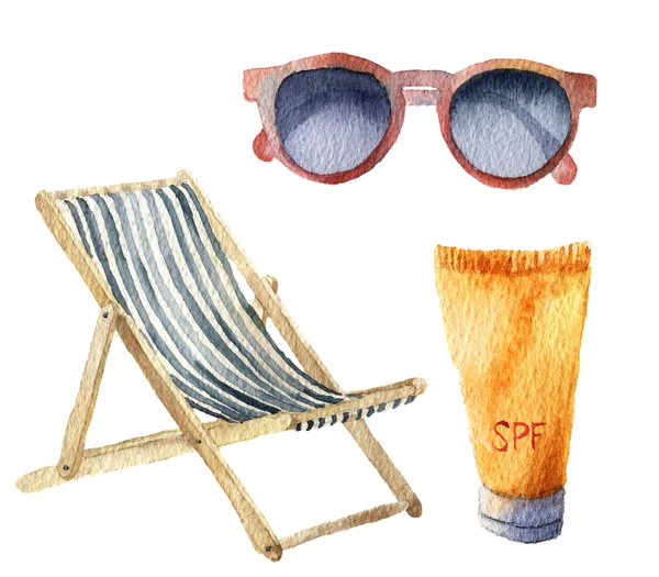 Watercolor beach suntan holiday set. Летние предметы ручной работы: солнцезащитные очки, пляжное кресло и крем от загара или крем для загара. Иллюстрации выделены на белом фоне. Для дизайна, текстиля и фона . — стоковое фото