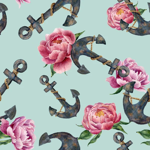 Watercolor sea seamless pattern with anchors and peony flowers. Isolated on blue background. For design, textile and background. — Stock Photo, Image