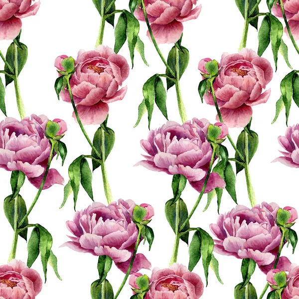 Acquerello peonia fiori modello senza soluzione di continuità su sfondo bianco. Texture floreale per design, tessile e sfondo. Illustrazione botanica — Foto Stock