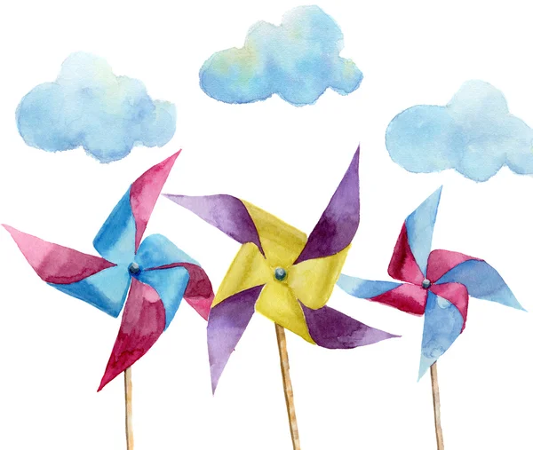 雲と水彩紙風車。手には、レトロなデザインとヴィンテージの風車が描かれました。白い背景で隔離のイラスト。デザイン、印刷またはバック グラウンドの — ストック写真