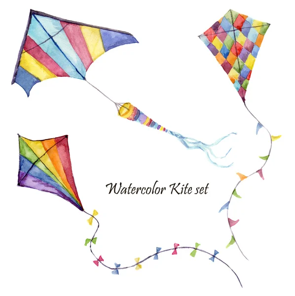 Aquarel dambord en gestreepte vliegers lucht set. Hand getekend vintage kite met retro ontwerp. Illustraties geïsoleerd op witte achtergrond — Stockfoto