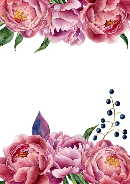 Invitación de boda floral acuarela. Marco vintage dibujado a mano con peonía, hojas y bayas. Aislado sobre fondo blanco. Para diseño, tarjeta, impresión — Foto de Stock