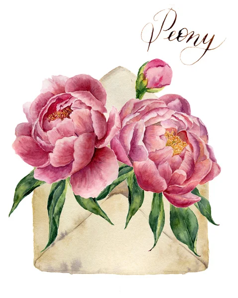 Akwarela piwonie bukiet z kopertą retro. Vintage mail ikona z kwiatów ilustracji na białym tle. Ręcznie malowane elementy konstrukcyjne do tła, karty, druku — Zdjęcie stockowe