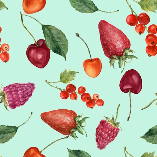 Літні ягоди безшовний акварельний візерунок. Акварельна полуниця, вишня, червона смородина, малина та листя ізольовані на синьому фоні. Для дизайну, текстилю та фону . — стокове фото