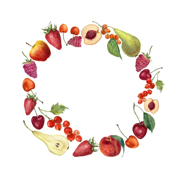 Aquarel fruit krans kaart. Handgeschilderde grens met rijpe vruchten en bessen geïsoleerd op een witte achtergrond. Botanische ontwerp — Stockfoto