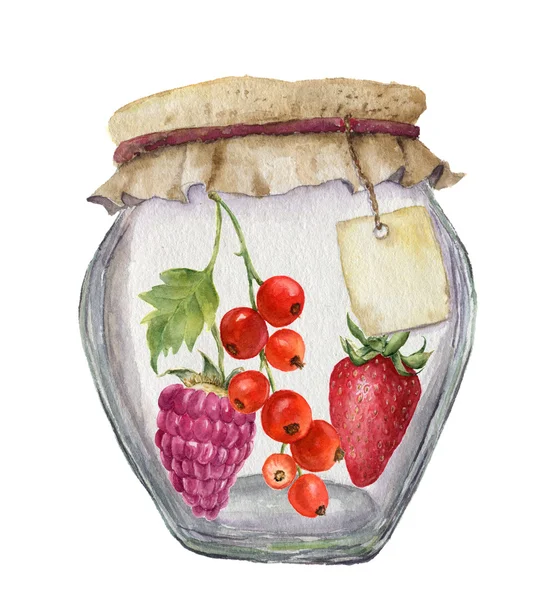 Aquarel glazen pot voor jam met label voor een inscriptie en bessen. Illustratie geïsoleerd op een witte achtergrond. Voor ontwerp-, textiel- en achtergrond. — Stockfoto