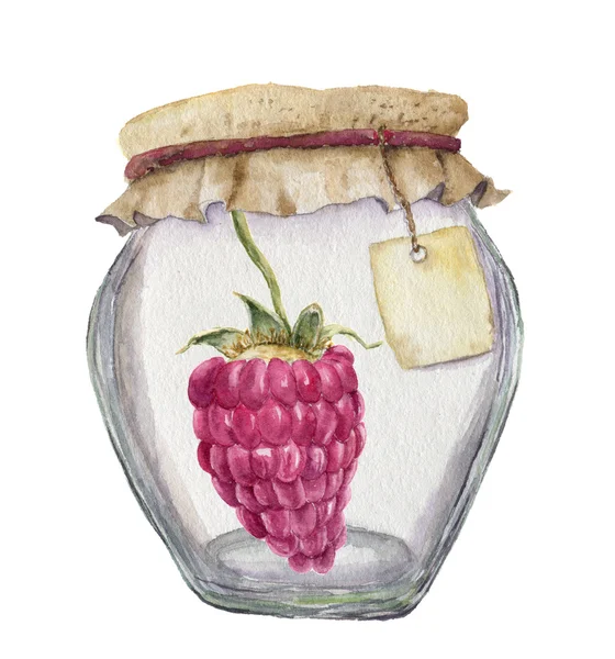 水彩玻璃罐子为果酱与标签为题字和树莓。在白色背景上隔离的插图。用于设计、纺织和背景. — 图库照片
