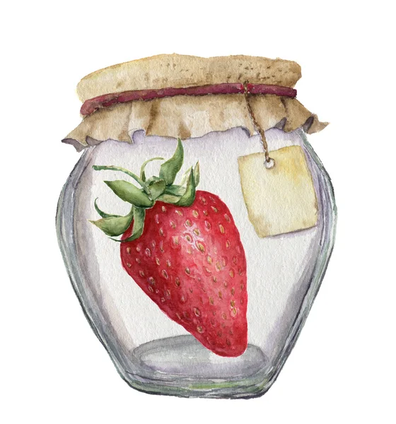 水彩玻璃罐子为果酱与标签为题字和草莓。在白色背景上隔离的插图。用于设计、纺织和背景. — 图库照片