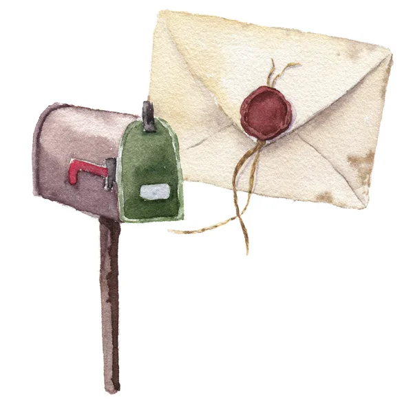 Envelope retro aquarela com cera de vedação e caixa postal. Ícone de correio vintage isolado no fundo branco. Elemento de design pintado à mão . — Fotografia de Stock
