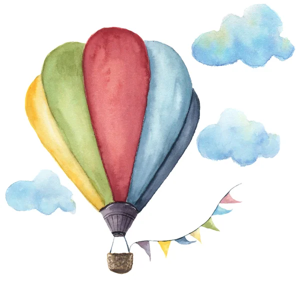 Acuarela globo de aire caliente conjunto. Globos de aire vintage dibujados a mano con guirnaldas banderas, nubes y diseño retro. Ilustraciones aisladas sobre fondo blanco —  Fotos de Stock