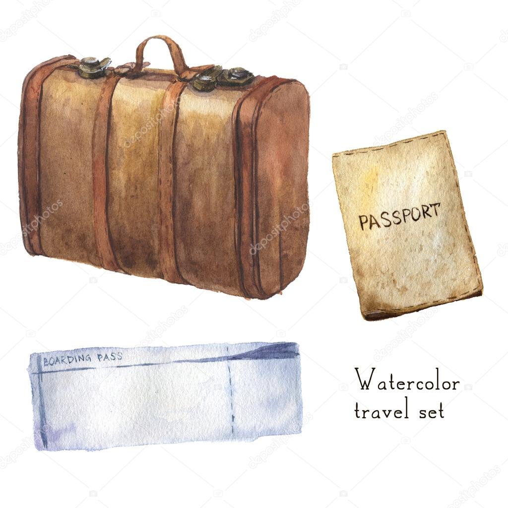 Watercolor travel set including passport, ticket, vintage leather