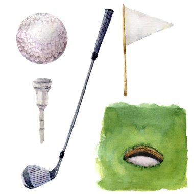 Suluboya farklı golf öğeleri ayarlayın. Golf illüstrasyon delik ders, tee, golf kulübü, golf topu, flagstick ve beyaz arka plan üzerinde izole ot. Tasarım, arka plan veya duvar kağıdı için