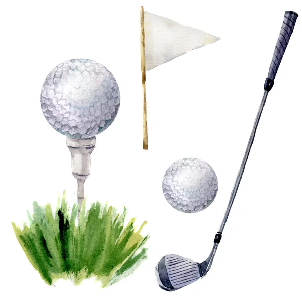 Juego de elementos de golf acuarela. Ilustración de golf con tee, club de golf, pelota de golf, asta de bandera y césped aislado sobre fondo blanco. Para diseño, fondo o fondo de pantalla — Foto de Stock