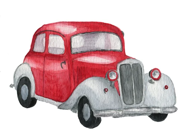 Aquarelle rouge voiture rétro. Voiture vintage dessinée à la main sur fond blanc. Illustration de transport pour design, textile et fond . — Photo