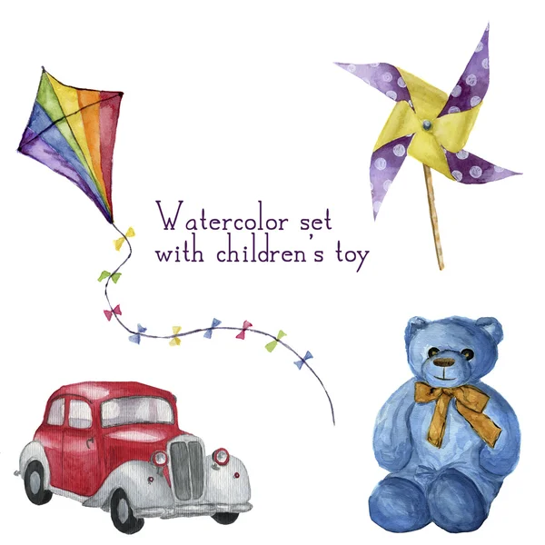 Watercolor set with children's toy. Hand drawn kids toy: red car, kite, teddy bear and windmill. Illustrations isolated on white background. For design, textile and background. — Stock Photo, Image