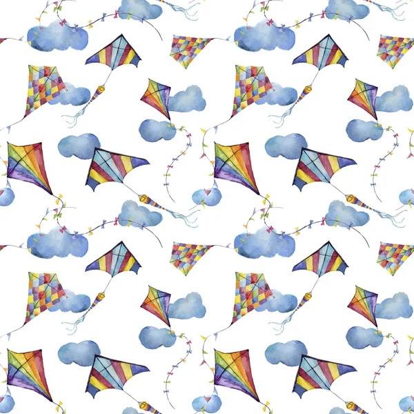 Watercolor seamless pattern with checkerboard and striped kites air. Hand drawn vintage kite with retro design. Illustrations isolated on white background for kids design, wallpaper or background — Stock Photo, Image