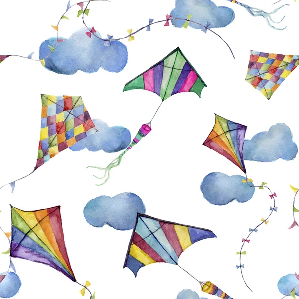 Watercolor seamless pattern with kites and clouds. Hand drawn vintage kite with retro design. Illustrations isolated on white background for kids design, wallpaper or background — Stock Photo, Image