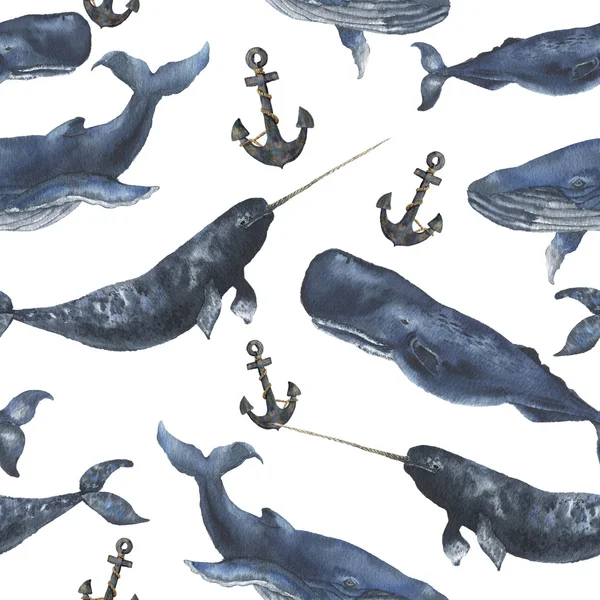Акварельний безшовний візерунок з китами та якорем. Ілюстрація з синіми китами, кешалотом і нарвалами ізольована на білому тлі. Для дизайну, друку або тла — стокове фото