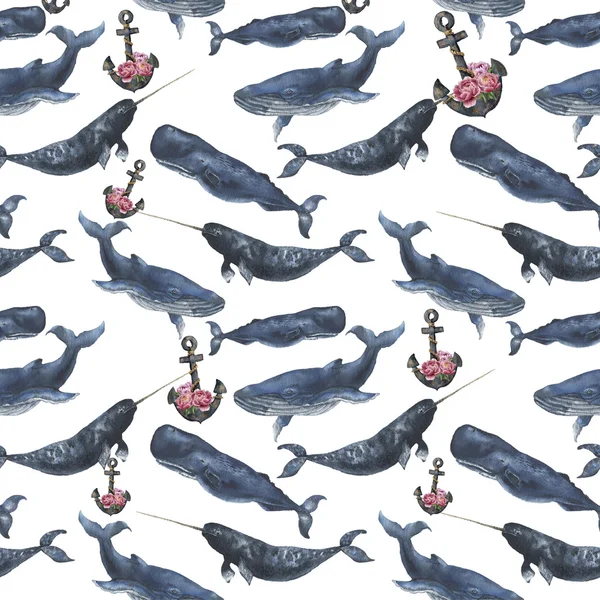 Watercolor seamless pattern with whales and anchor with peony flowers. Illustration with blue whales, cachalot and narwhal isolated on white background. For design, prints or background — Stock Photo, Image