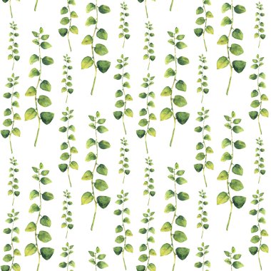 Sulu Boya yeşil çiçek seamless modeli dal otlar ile. El desen şube ve beyaz arka plan üzerinde izole kıvırcık bitkinin yaprakları ile boyalı. Tasarım veya arka plan için