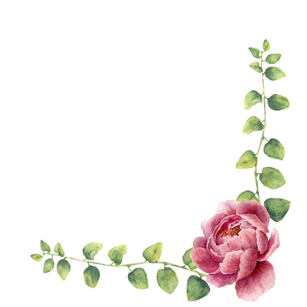 Watercolor floral wreath with leaves of twig herb and peony flowers. Hand painted floral border with branches, leaves of curly herb and flowers isolated on white background. For design or background — Stock Photo, Image