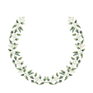 Suluboya çiçek çelenk ile okaliptüs yaprakları. El ile şube, beyaz arka plan üzerinde izole okaliptüs yaprakları çiçek çelenk boyalı. Tasarım veya arka plan için