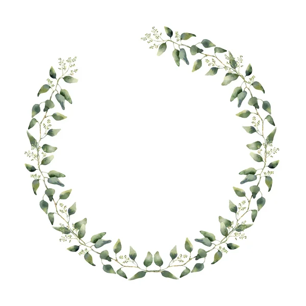 Aquarel bloemen grens met eucalyptus bladeren en bloemen. Handgeschilderde bloemen krans met takken, bladeren van eucalyptus geïsoleerd op een witte achtergrond. Voor het ontwerp of achtergrond — Stockfoto