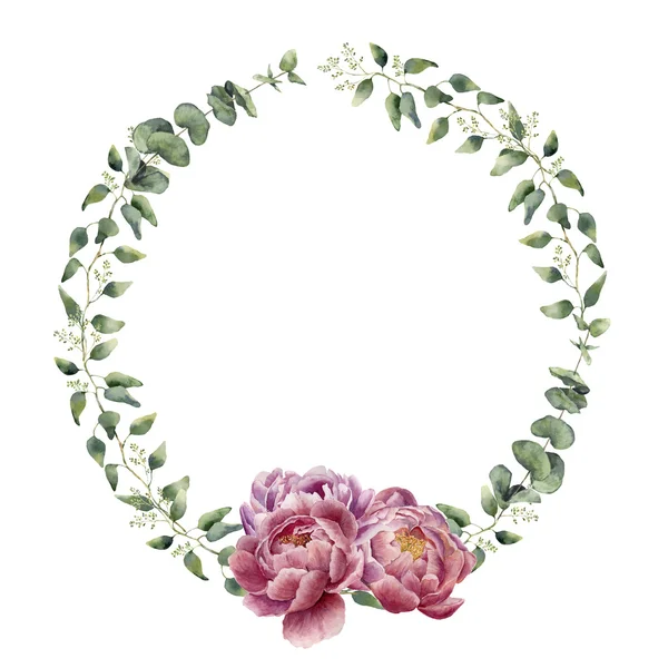 Watercolor floral wreath with eucalyptus, baby eucalyptus leaves and peony flowers. Hand painted floral border with branches, leaves of eucalyptus and flowers isolated on white background. For design — Stock Photo, Image