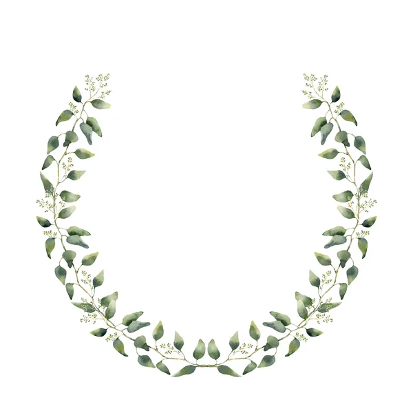 Watercolor floral wreath with eucalyptus leaves. Hand painted floral wreath with branches, leaves of eucalyptus isolated on white background. For design or background — Stock Photo, Image