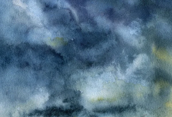 Aquarel hemel met wolken achtergrond. Handgeschilderde artistieke blauwe hemel met realistische wolken en zwermen. — Stockfoto