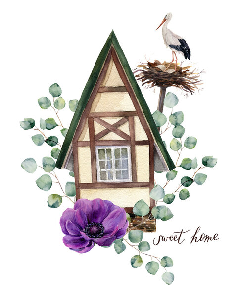 Watercolor happy home label. Watercolor house in Alpine style with white stork and nest, eucalyptus silver dollar and anemone flower on white background. Hand painted print. For design and background.
