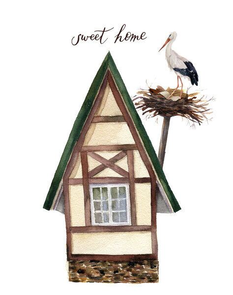 Watercolor sweet happy home with white stork and nest illustration. Watercolor house in Alpine style with white stork isolated on white background. Hand painted print. For design and background.