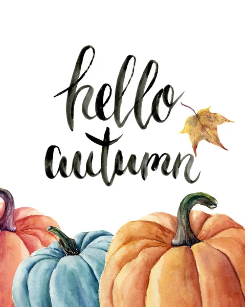 Aquarel Hallo herfst belettering met pompoen en blad. Handgeschilderde oranje / blauwe groenten geïsoleerd op een witte achtergrond. Herfst pompoen afdrukken voor ontwerp — Stockfoto