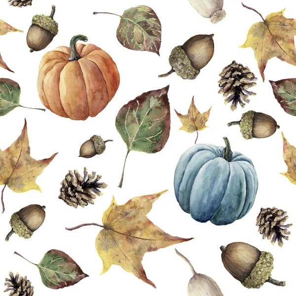 Aquarell Herbst nahtlose Muster. Handbemalte Tannenzapfen, Eicheln, Beeren, gelbe und grüne Herbstblätter und Kürbisschmuck isoliert auf weißem Hintergrund. botanische Illustration für Design, Druck, fabr — Stockfoto