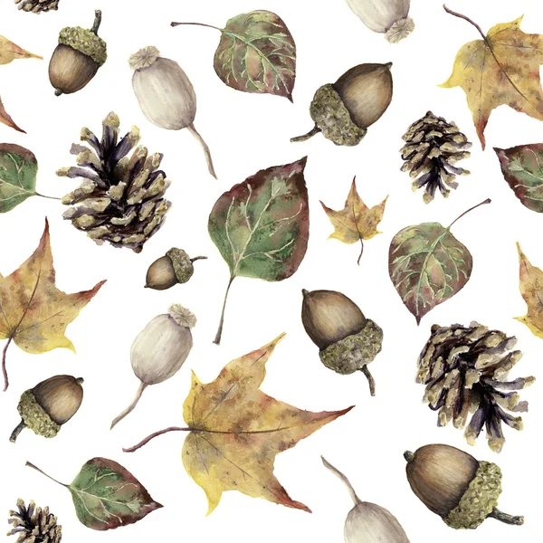 Akwarela jesień las jednolity wzór. Ręcznie malowane, sosna stożek, Żołądź, berry i żółty i zielony spadek liści na białym tle ornament. Botanicznych ilustracji dla projektowania, materiał — Zdjęcie stockowe