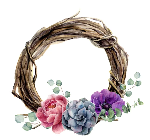 Akvarell handmålade floral krans av twig. Trä krans med baby eukalyptus, silver dollar eukalyptus gren, pion, anemone blomma och saftiga. Blomma illustration för design och bakgrund — Stockfoto