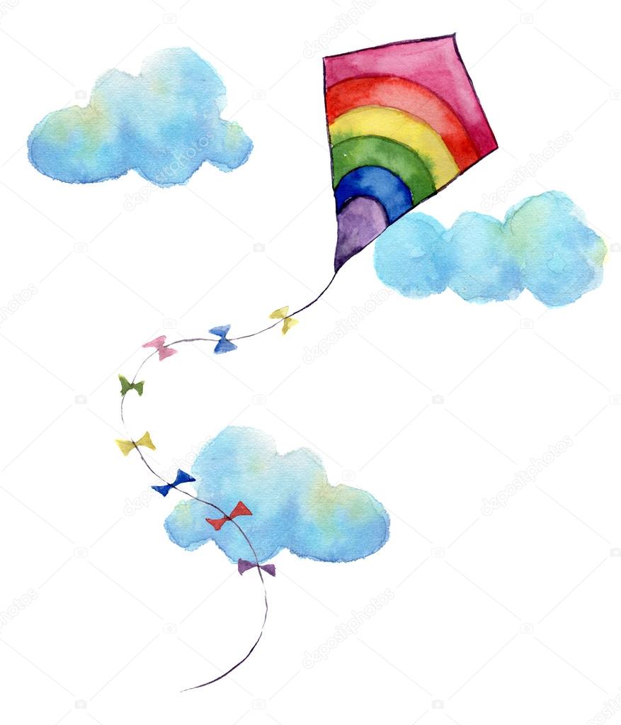 Watercolor print with rainbow air kite and clouds. Hand drawn vintage kite with flags garlands and retro design. Illustrations isolated on white background