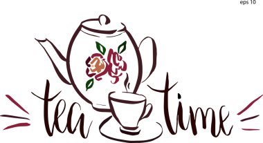 Çay zaman yazı. Girdap tasarım öğeleri ve retro demlik çiçekli fincanla. Çizilmiş sanatsal illüstrasyon tasarımı için.