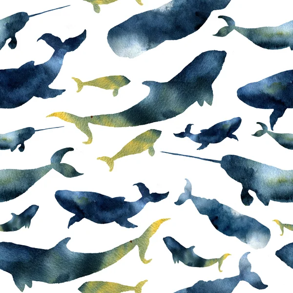 Padrão sem costura aquarela com silhuetas de baleias. Ilustração com baleias azuis, cachalote, orca e narval isolados sobre fundo branco. Para desenho, estampas ou fundo — Fotografia de Stock
