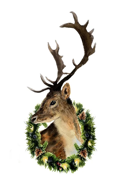 Aquarell Hirsch mit Weihnachtskranz isoliert auf weißem Hintergrund. Weihnachten Wild Animal Illustration für Design, Druck oder Hintergrund — Stockfoto