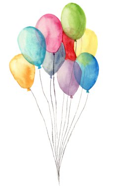 Suluboya hava balonu. El illüstrasyon izole beyaz zemin üzerine mavi, pembe, sarı, mor balon boyalı. Parti ya da tebrik nesne